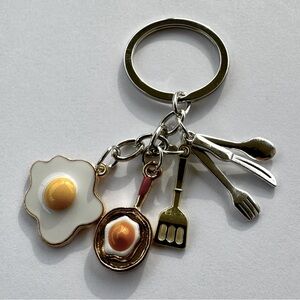 Cook Kitchen Fried Egg Charm Keychain Silver Plated Silverware Enamel Miniature